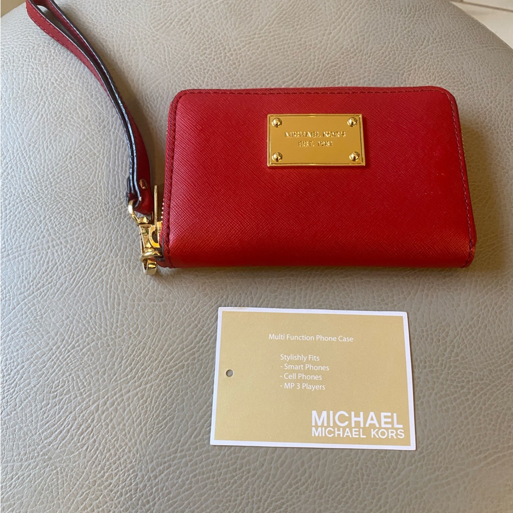 Michael Kors Red Saffiano Leather Zip Around Wallet/Wristlet